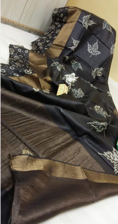 Black Block Printed Zari Border Pure Silk Mark Certified Tussar Silk Sarees - Dailybuyys