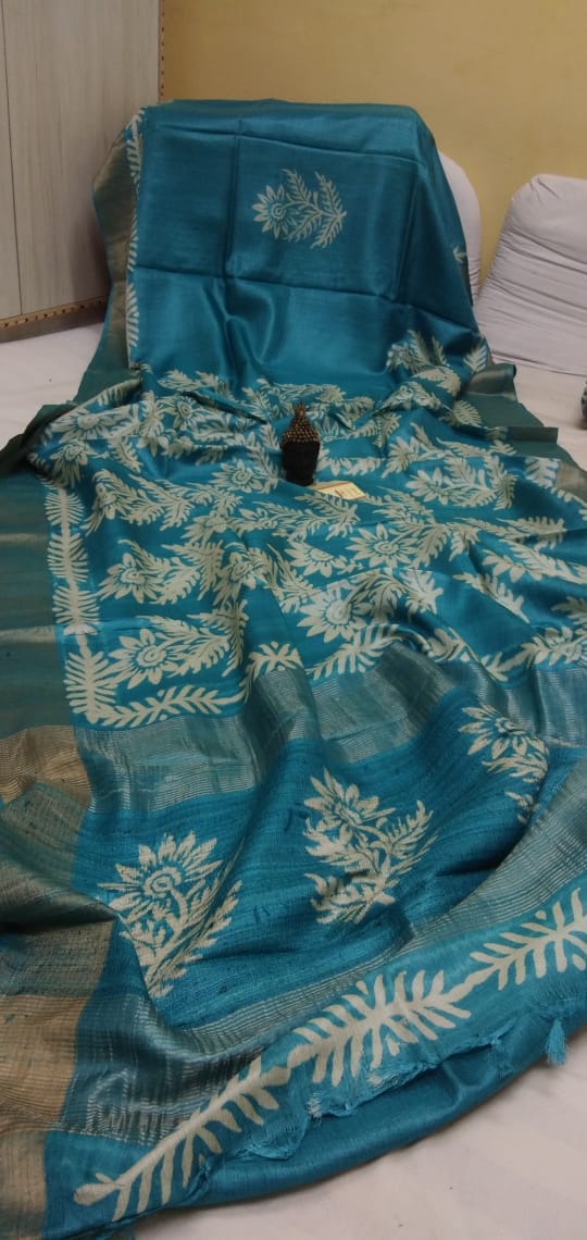 Blue Zari Block Printed Zari Border Pure Silk Mark Certified Tussar Silk Sarees - Dailybuyys