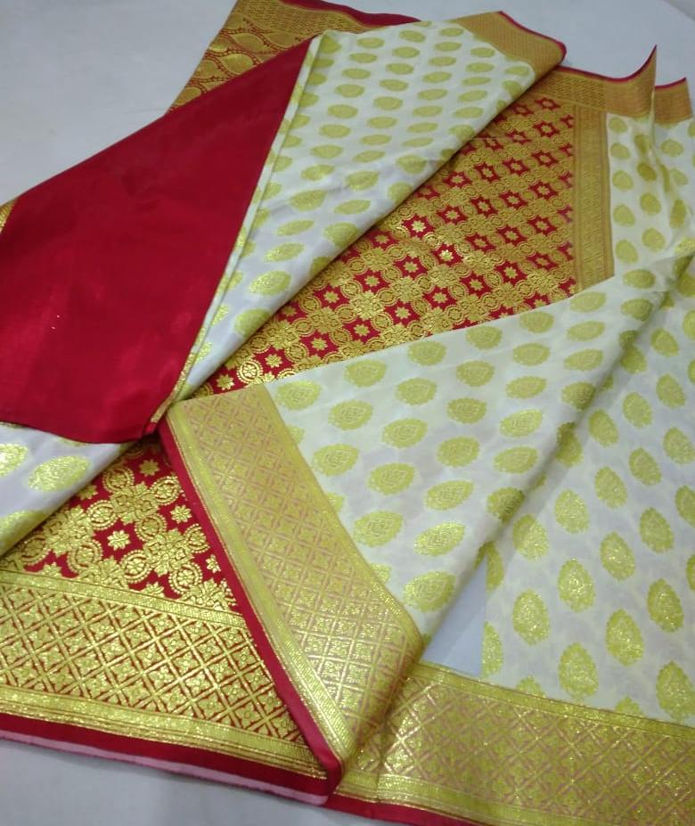 Red Beige Koriyal Banarasi Silk Sarees - Dailybuyys