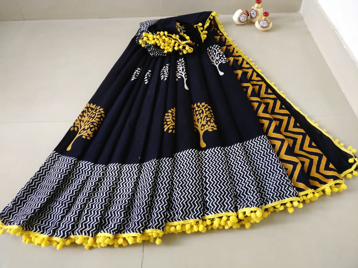 Black Grey Bagru Printed Pure Cotton Sarees - Dailybuyys