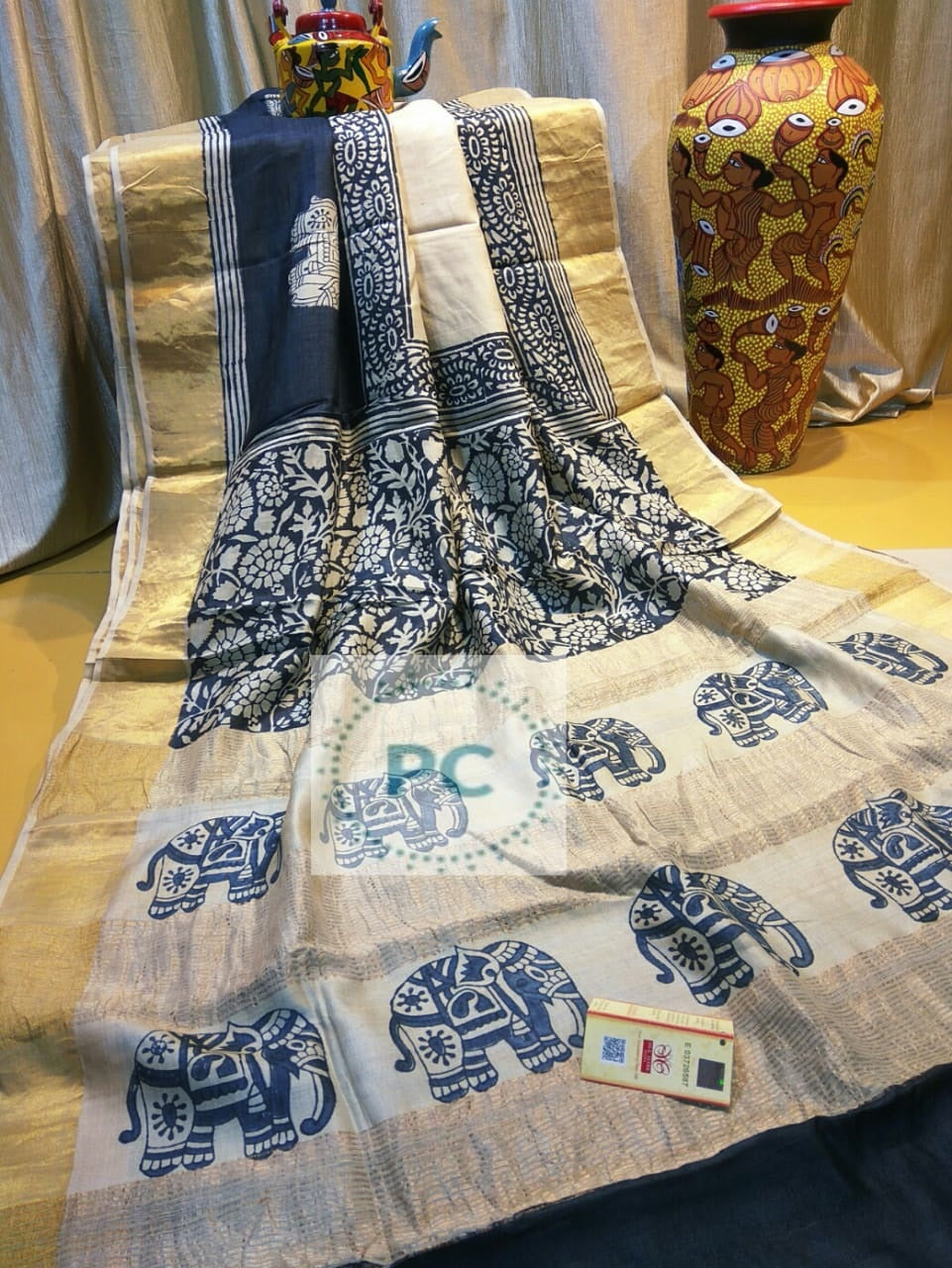 Grey Beige Zari Block Printed Zari Border Pure Silk Mark Certified Tussar Silk Sarees - Dailybuyys