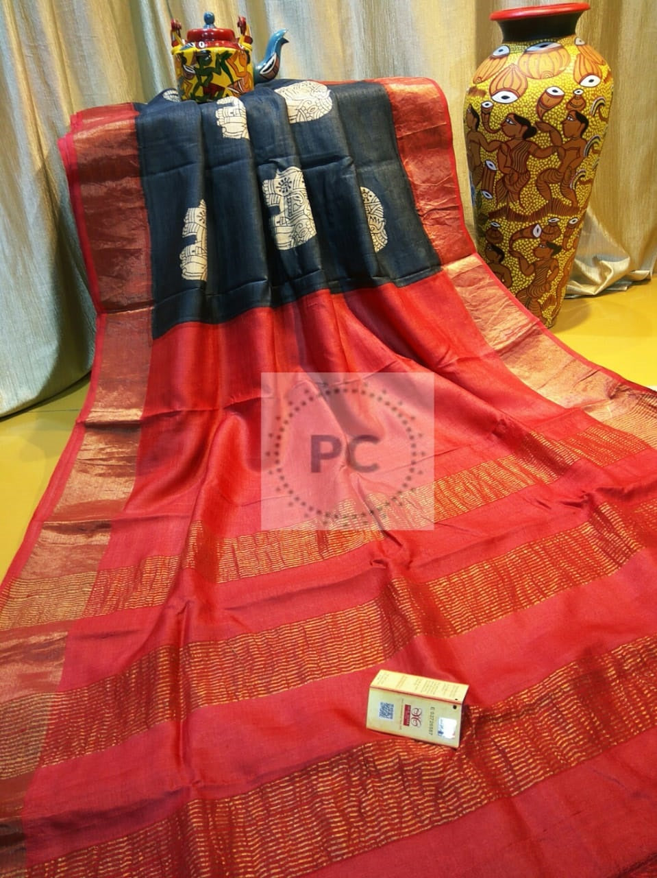 Red Zari Block Printed Zari Border Pure Silk Mark Certified Tussar Silk Sarees - Dailybuyys