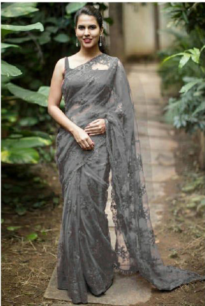 Grey Designer Party Wear Sarees - Dailybuyys