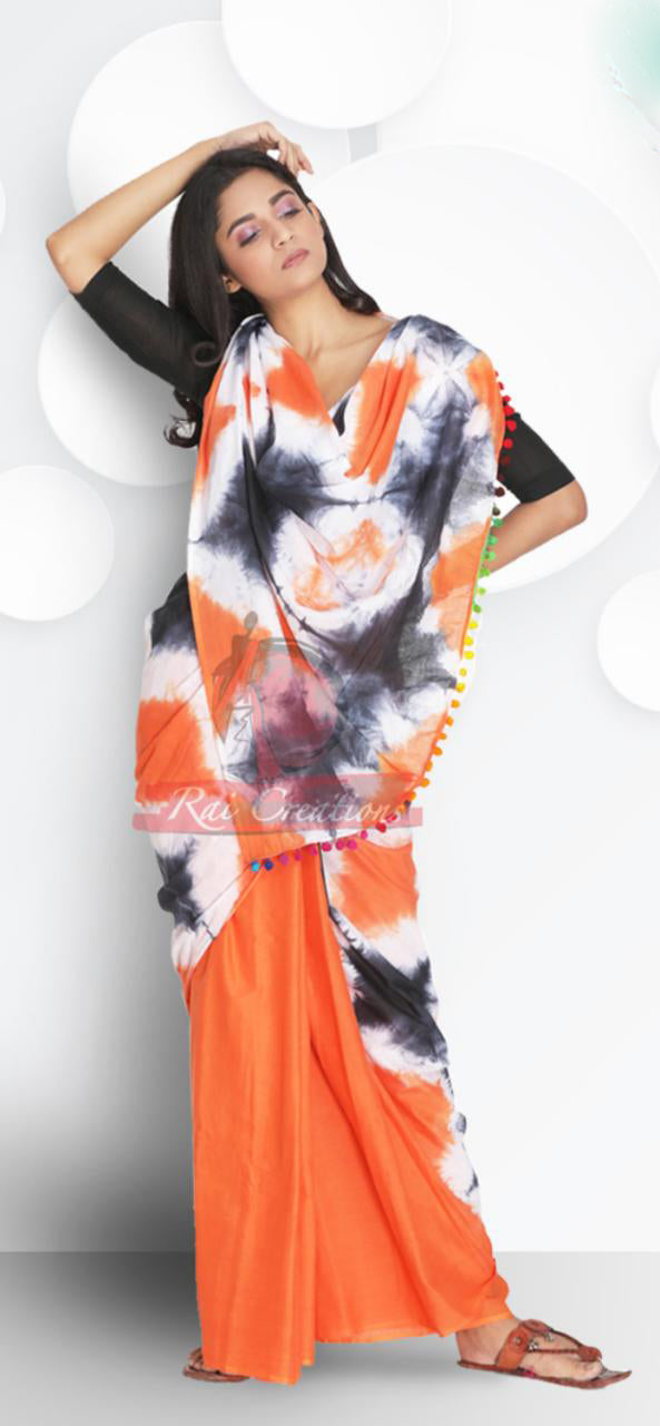 Orange Beige Mulmul Pure Cotton Sarees - Dailybuyys