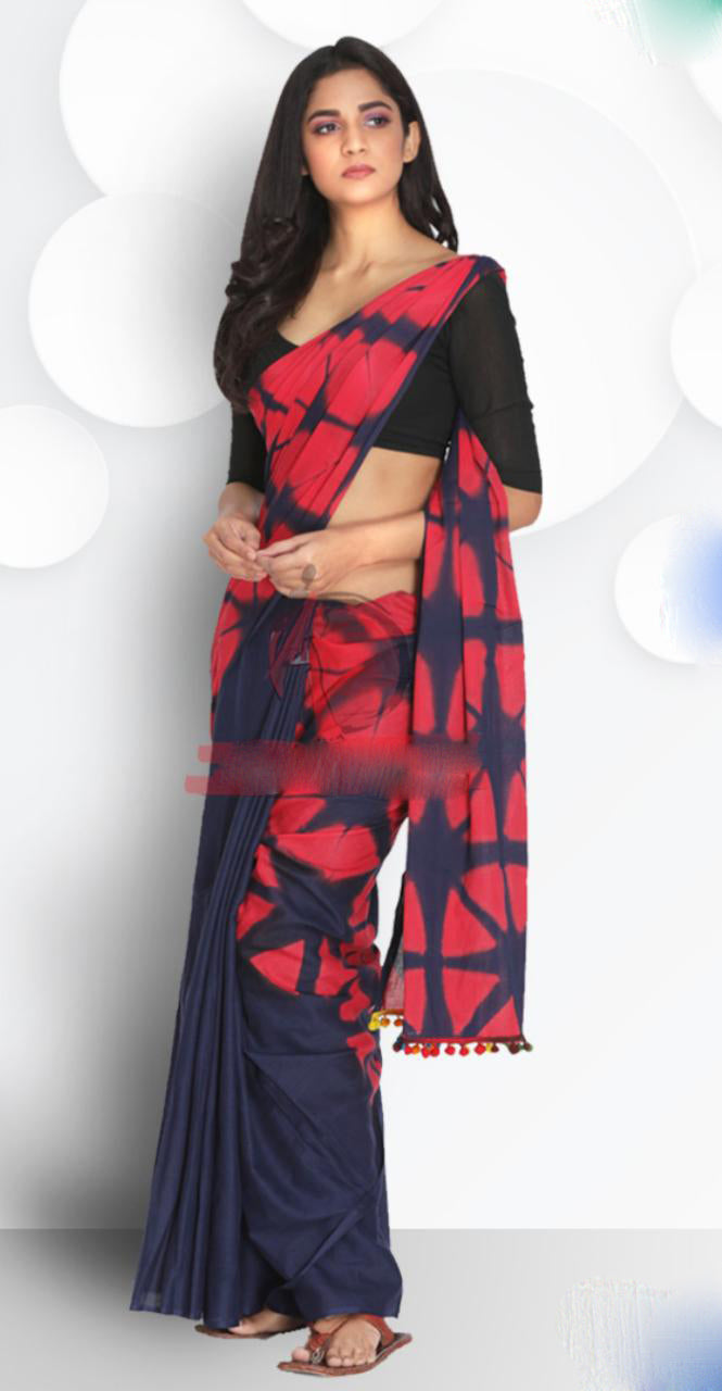 Black Red Mulmul Pure Cotton Sarees - Dailybuyys