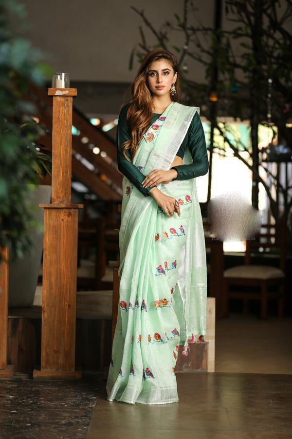 White Pure Linen Sarees - Dailybuyys