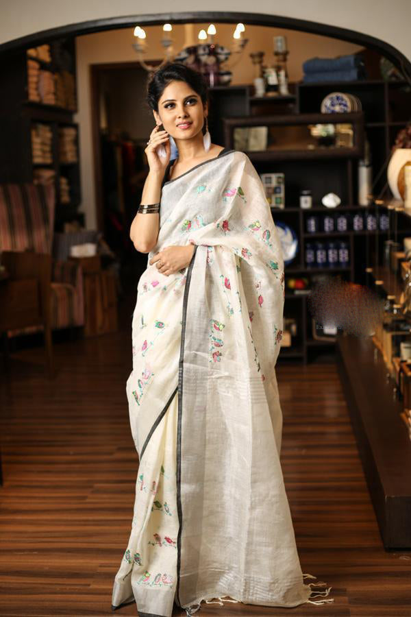 White Pure Linen Sarees - Dailybuyys