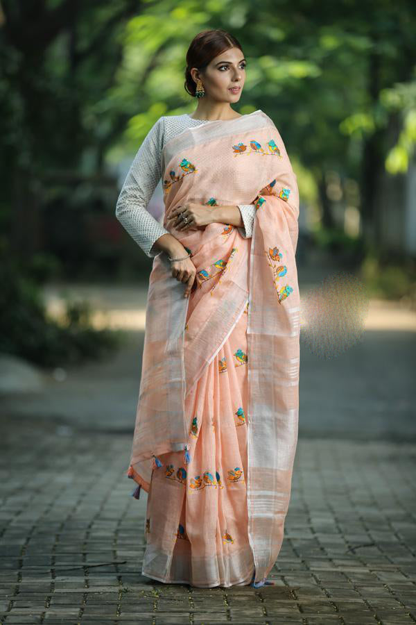 Orange Pure Linen Sarees - Dailybuyys
