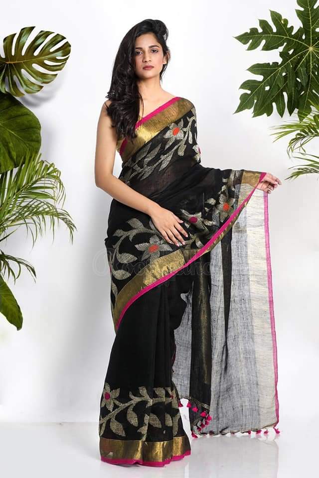 Black Jamdani Pure Linen Sarees - Dailybuyys