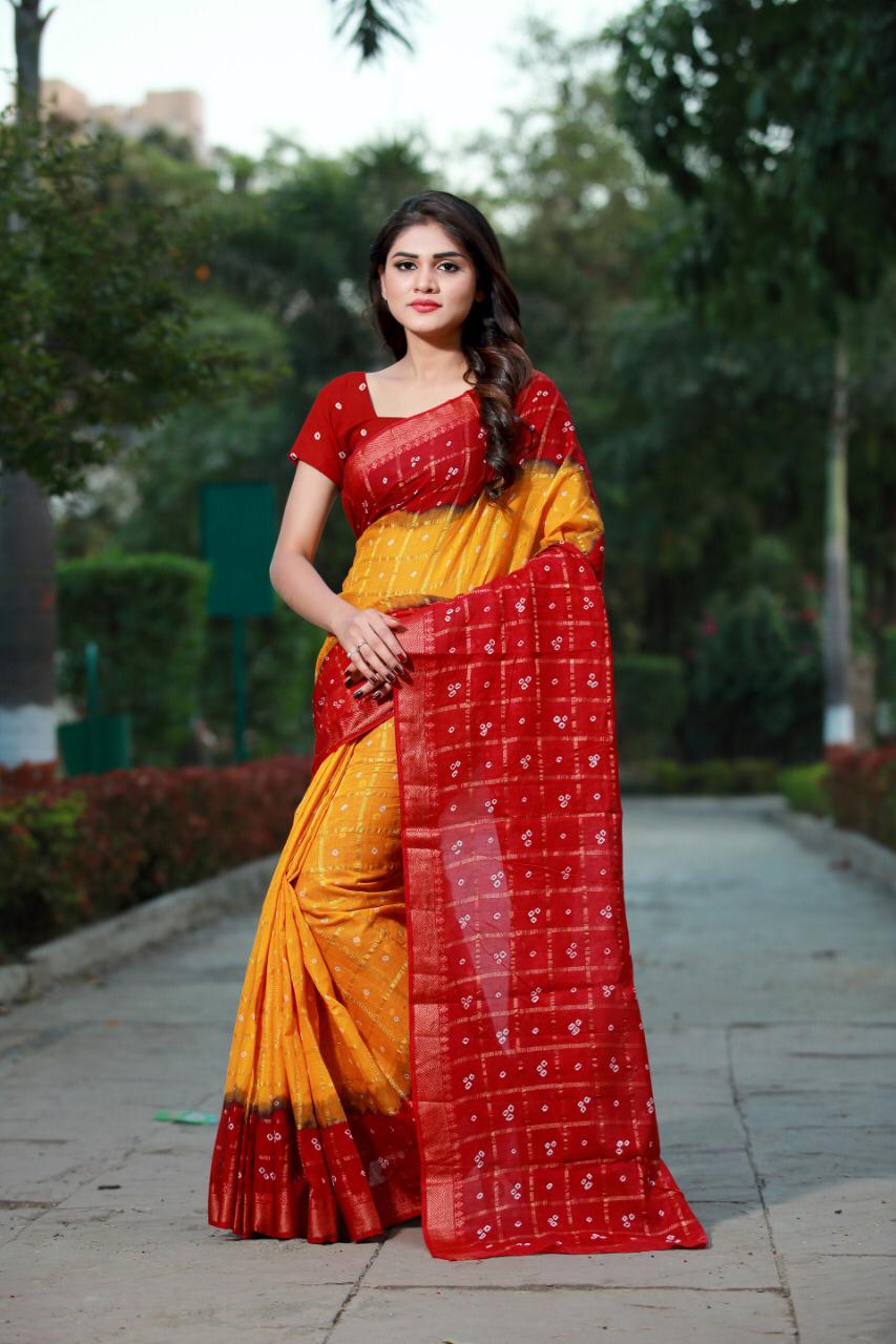 Yellow Red Pure Cotton Silk Sarees - Dailybuyys