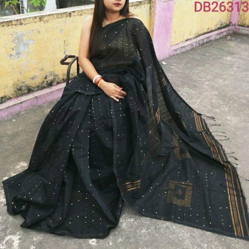 Black Pure Cotton Handloom Sarees - Dailybuyys
