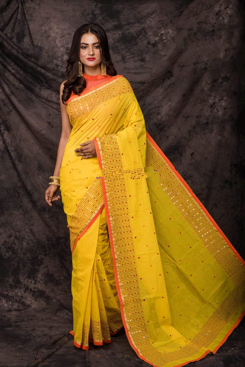 Yellow Bangladesh Pure Cotton Handloom Sarees - Dailybuyys