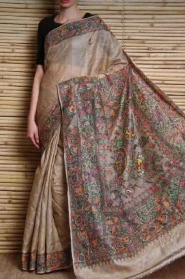 Beige Madhubani Handpaint Pure Silk Mark Certified Tussar Ghicha Silk Sarees - Dailybuyys