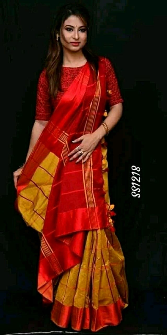 Red Yellow Pure Cotton Silk Sarees - Dailybuyys