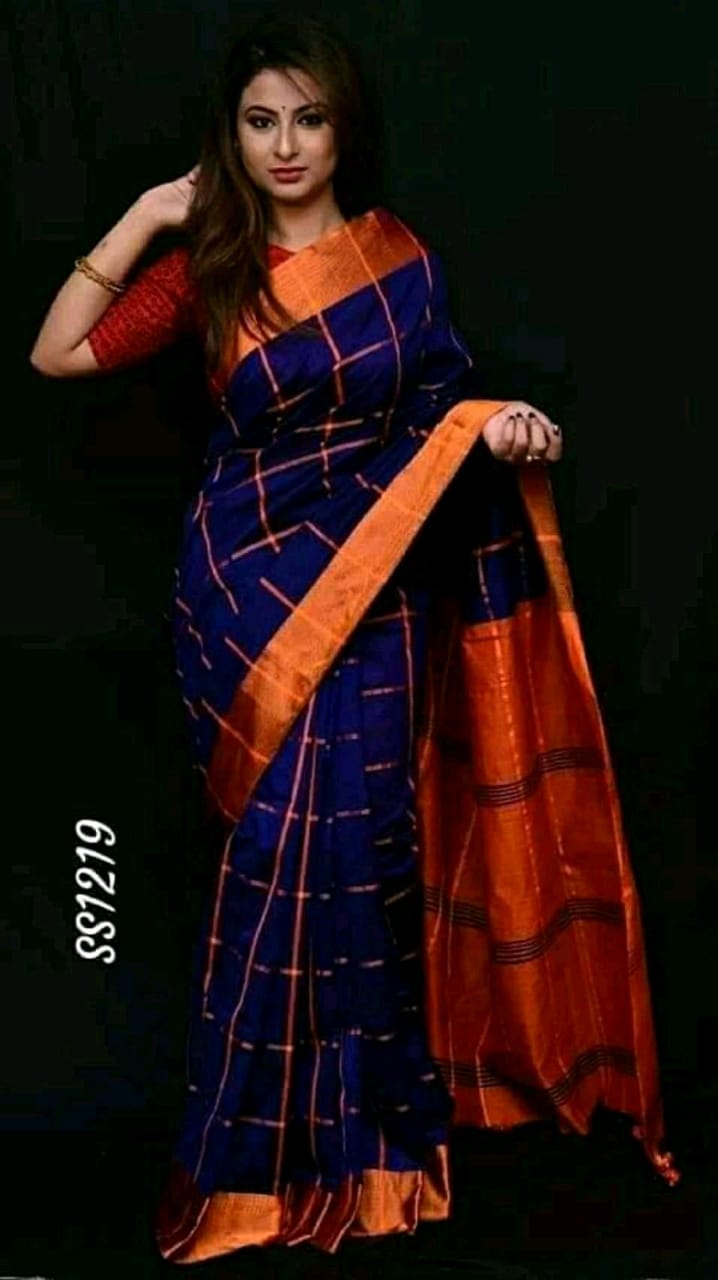 Blue Orange Pure Cotton Silk Sarees - Dailybuyys