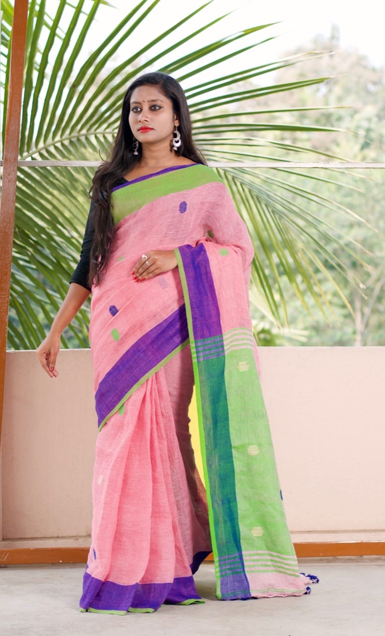 Pink Ball Pure Linen Sarees - Dailybuyys