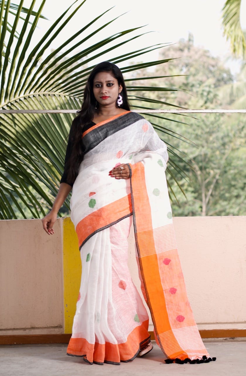 White Polka Dot Pure Linen Sarees - Dailybuyys