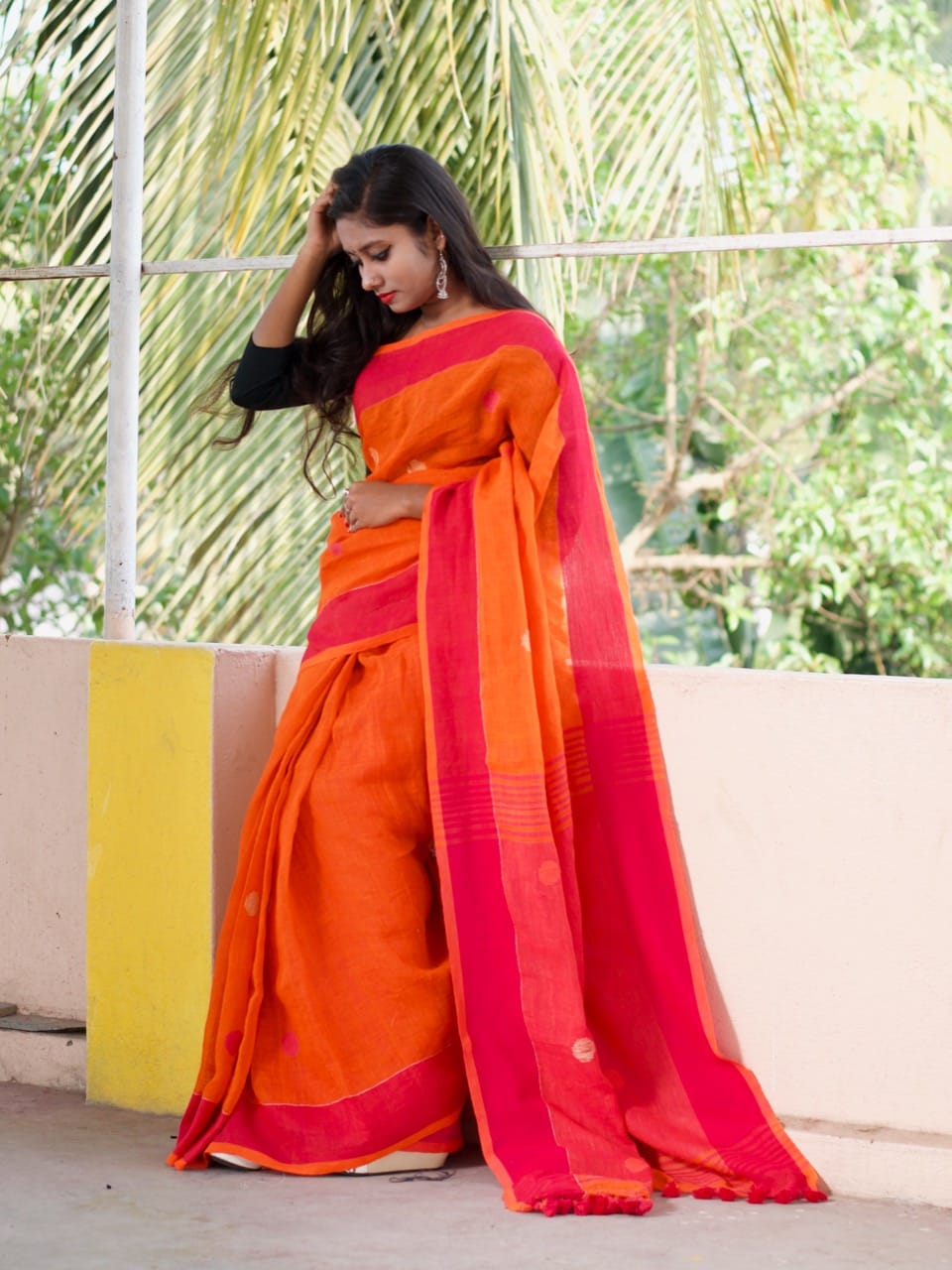 Orange Purple Ball Pure Linen Sarees - Dailybuyys