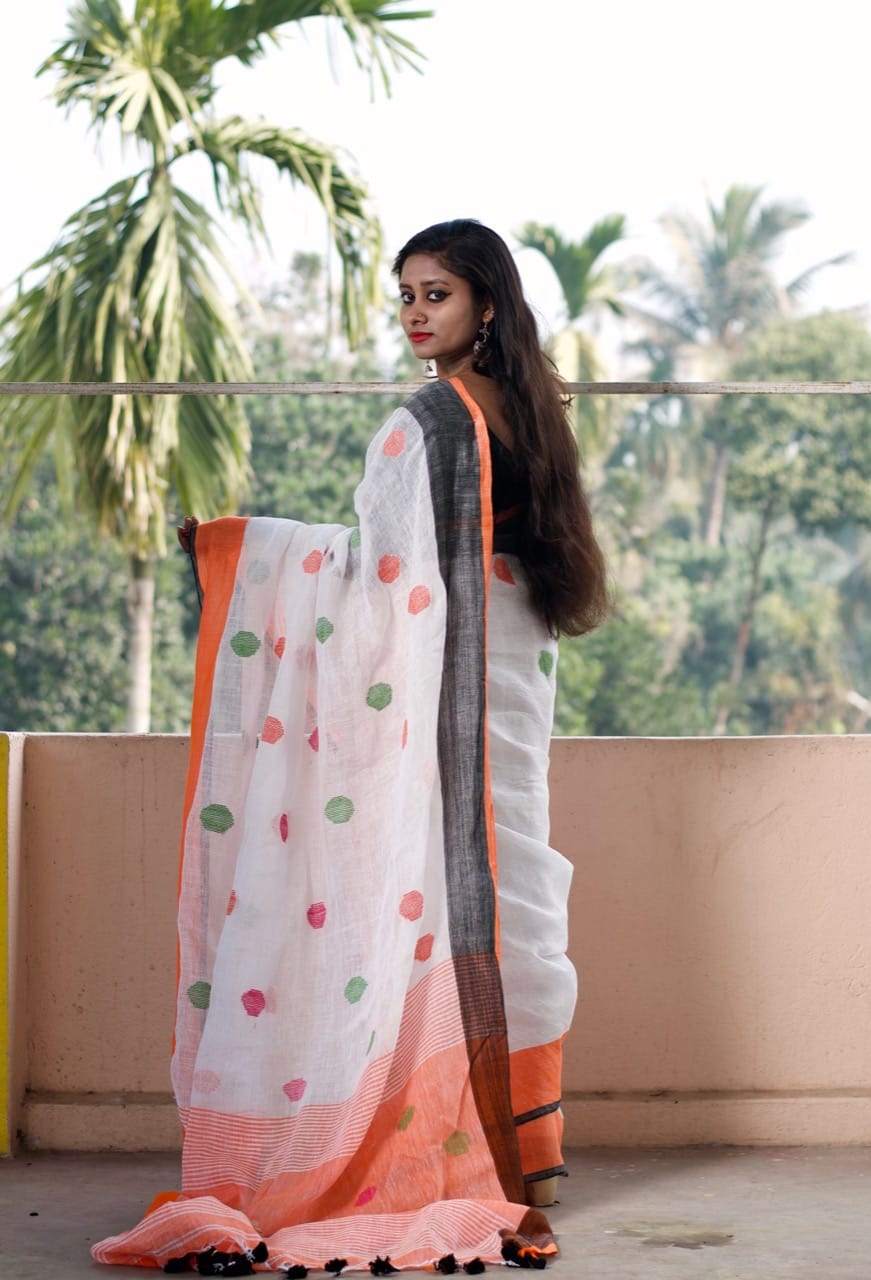 White Ball Pure Linen Sarees - Dailybuyys