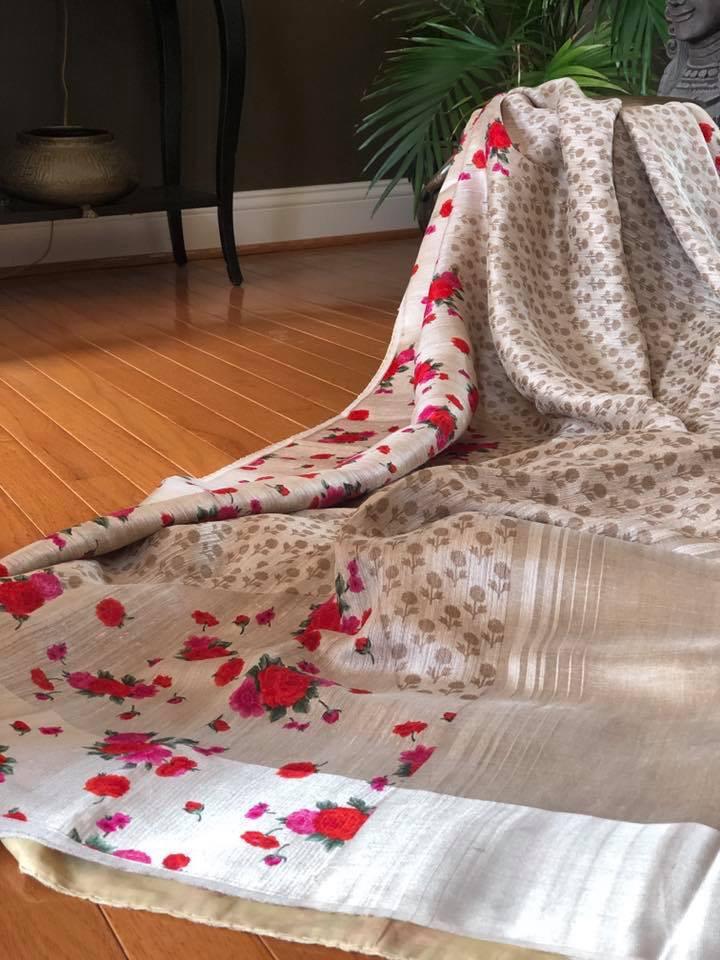 Beige Red Block Printed Zari Border Pure Silk Mark Certified Tussar Silk Sarees - Dailybuyys