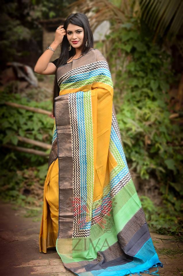Yellow Zari Block Printed Zari Border Pure Silk Mark Certified Tussar Silk Sarees - Dailybuyys