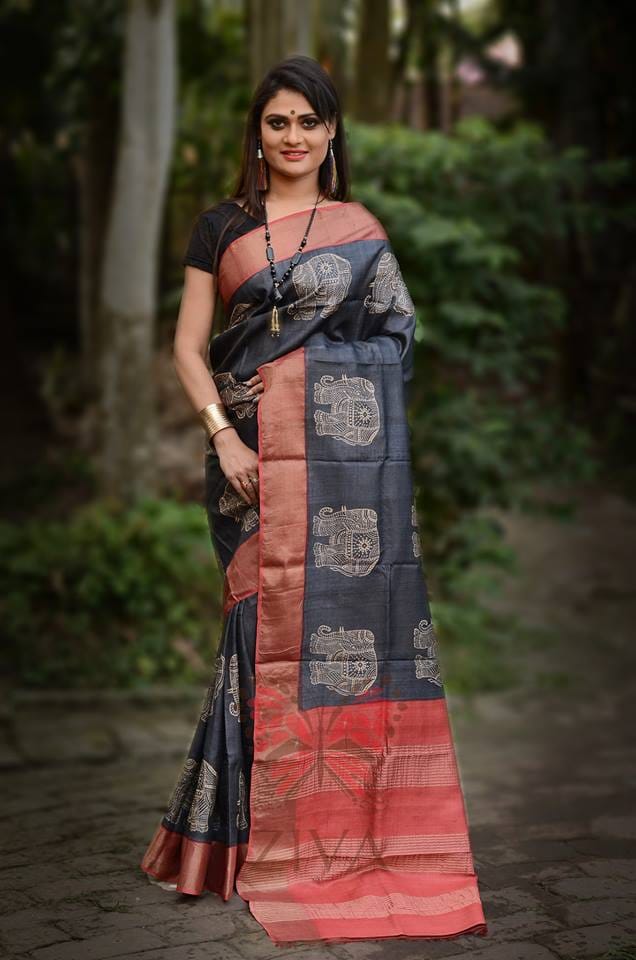 Grey Red Zari Block Printed Zari Border Pure Silk Mark Certified Tussar Silk Sarees - Dailybuyys