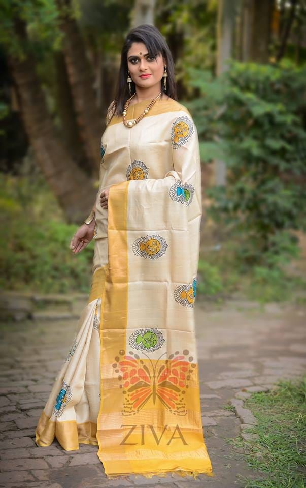 Beige Yellow Block Printed Zari Border Pure Silk Mark Certified Tussar Silk Sarees - Dailybuyys