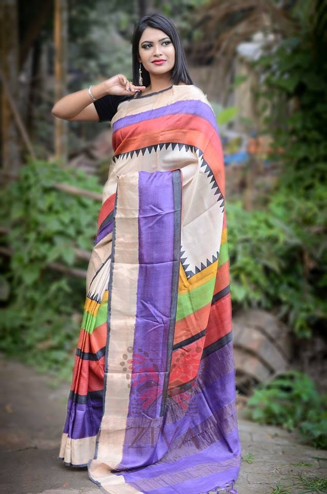 Beige Purple Block Printed Zari Border Pure Silk Mark Certified Tussar Silk Sarees - Dailybuyys