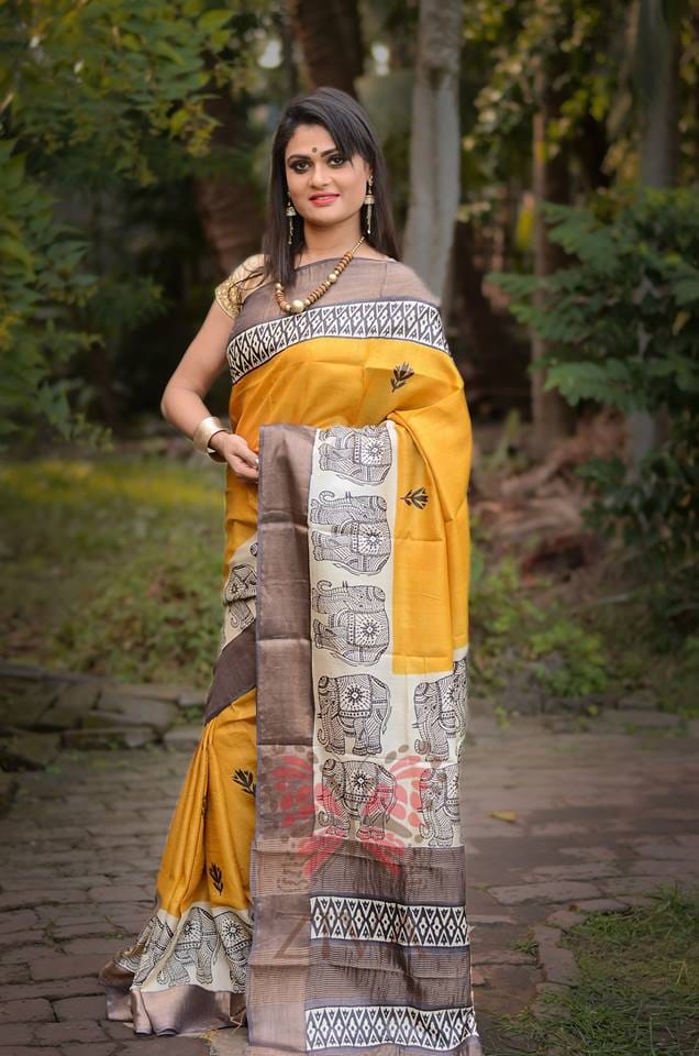 Yellow Beige Zari Block Printed Zari Border Pure Silk Mark Certified Tussar Silk Sarees - Dailybuyys
