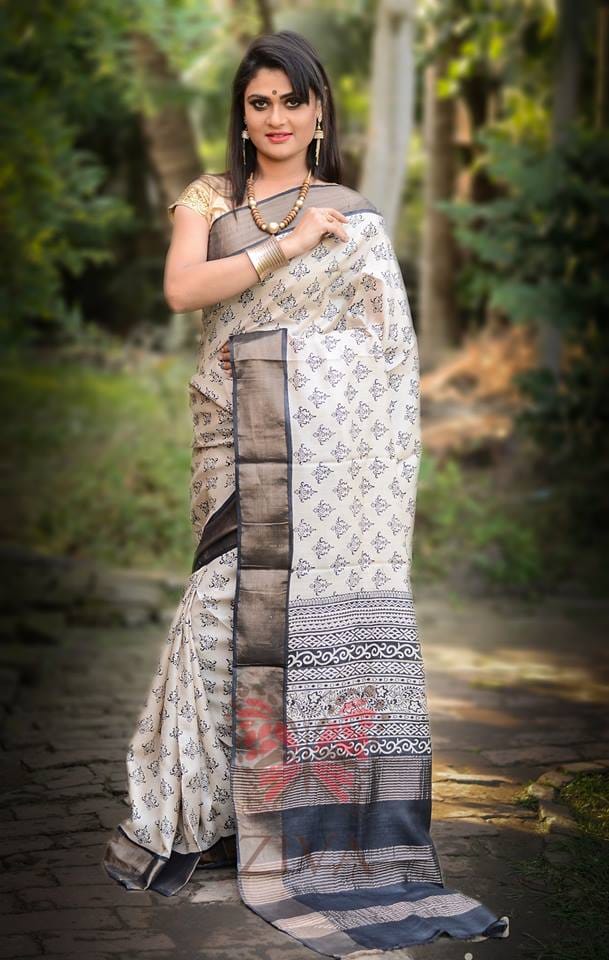 Beige Block Printed Zari Border Pure Silk Mark Certified Tussar Silk Sarees - Dailybuyys