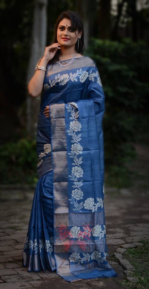 Blue Block Printed Zari Border Pure Silk Mark Certified Tussar Silk Sarees - Dailybuyys