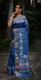 Blue Block Printed Zari Border Pure Silk Mark Certified Tussar Silk Sarees