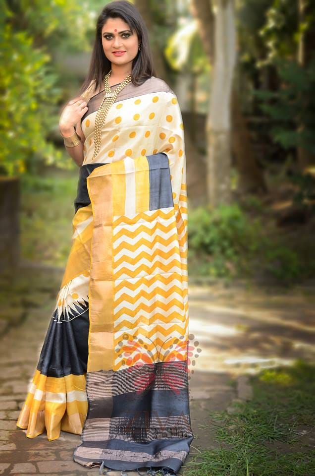 Yellow Zari Block Printed Zari Border Pure Silk Mark Certified Tussar Silk Sarees - Dailybuyys