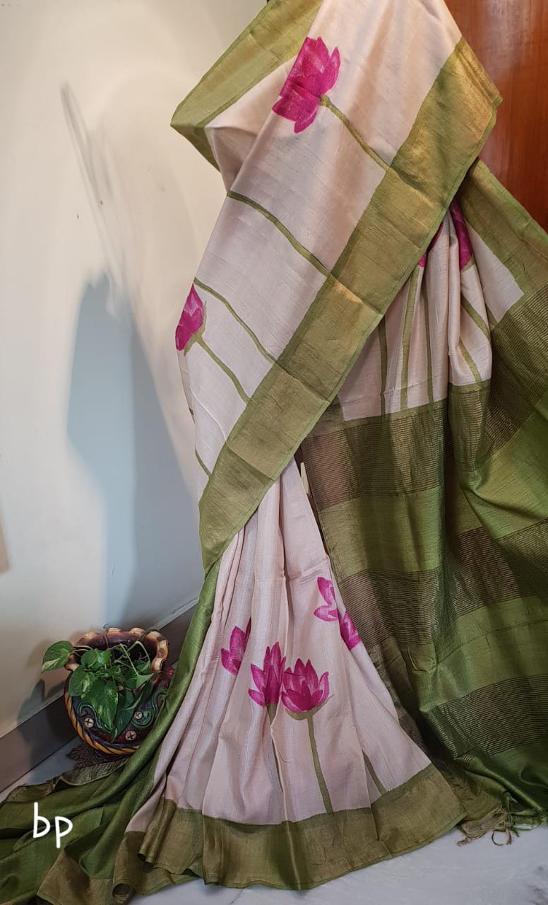 Beige Green Hand Printed Zari Border Pure Silk Mark Certified Tussar Silk Sarees - Dailybuyys