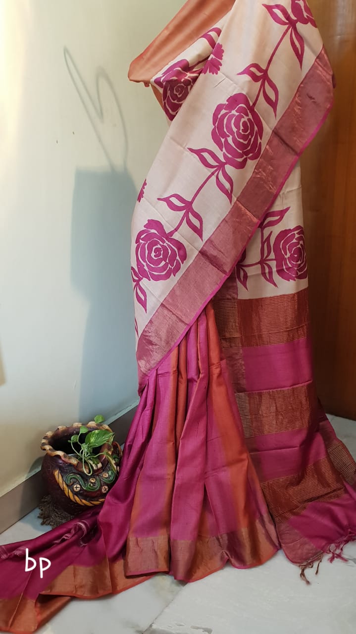 Beige Violet Hand Paint Zari Border Pure Silk Mark Certified Tussar Silk Sarees - Dailybuyys