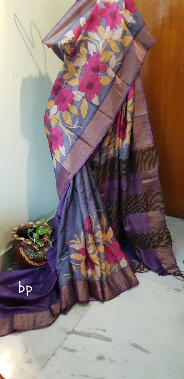 Grey Purple Zari Hand Painted Zari Border Pure Silk Mark Certified Tussar Silk Sarees - Dailybuyys