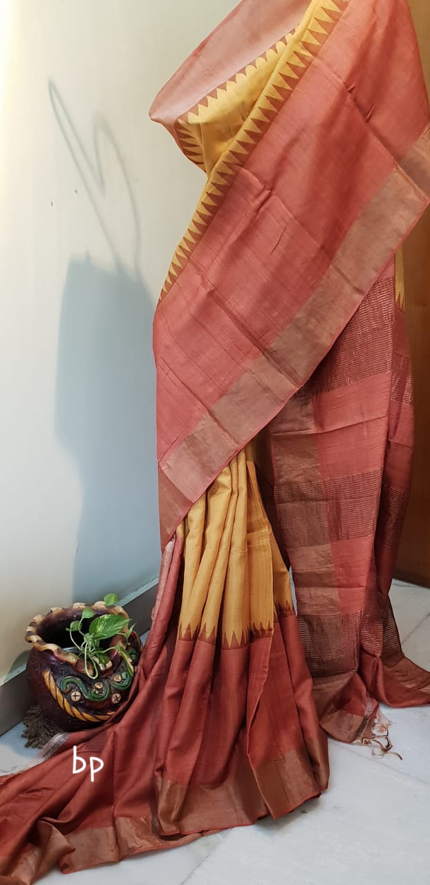 Red Yellow Zari Block Printed Zari Border Pure Silk Mark Certified Tussar Silk Sarees - Dailybuyys