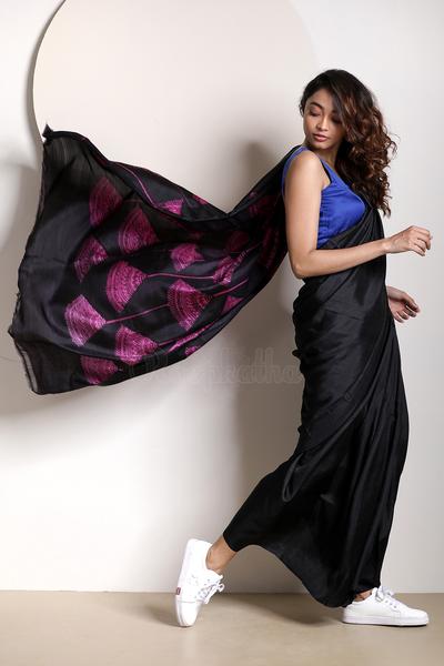 Black Pure Silk Mark Certified Murshidabad Silk Sarees - Dailybuyys