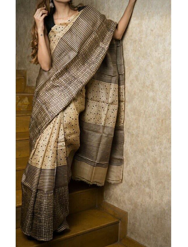 Beige Block Printed Border Pure Silk Mark Certified Tussar Silk Sarees - Dailybuyys