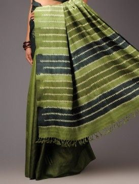 Green Glamour Block Printed Zari Border Pure Silk Mark Certified Tussar Silk Sarees - Dailybuyys
