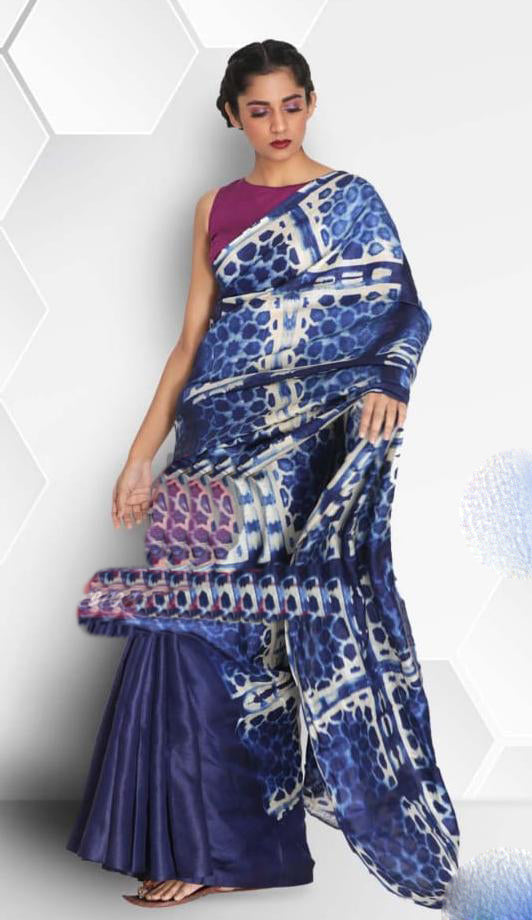 Blue Block Printed Zari Border Pure Silk Mark Certified Tussar Silk Sarees - Dailybuyys