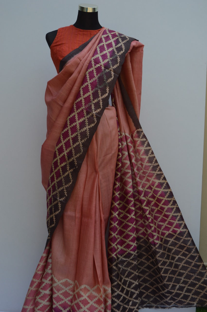 Brown Glamour Block Printed Zari Border Pure Silk Mark Certified Tussar Silk Sarees - Dailybuyys