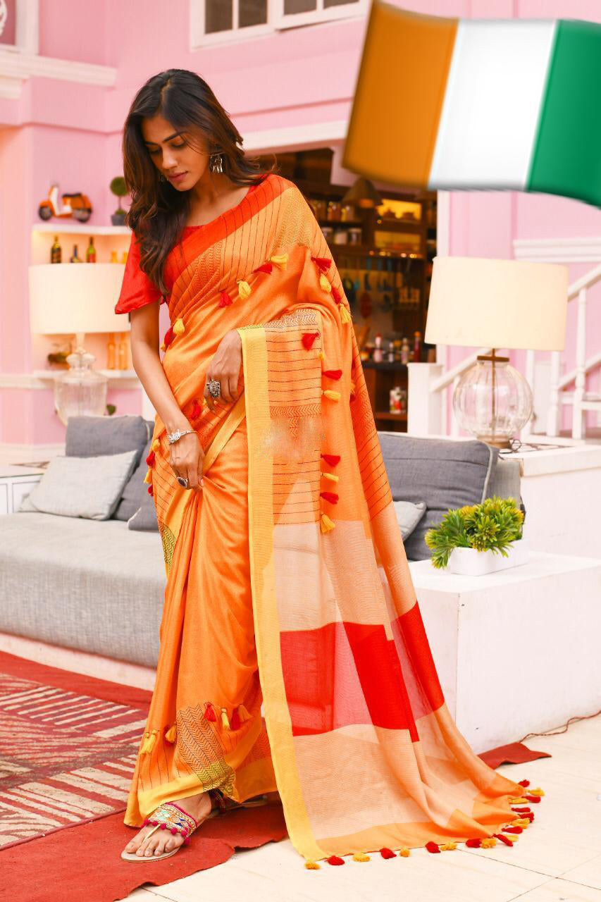 Orange Pure Cotton Silk Sarees - Dailybuyys