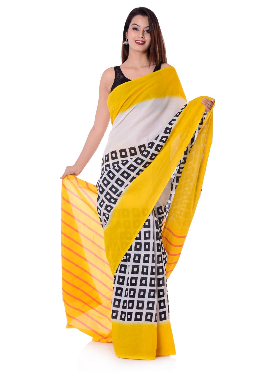 Yellow Black Mulmul Batik Sarees - Dailybuyys