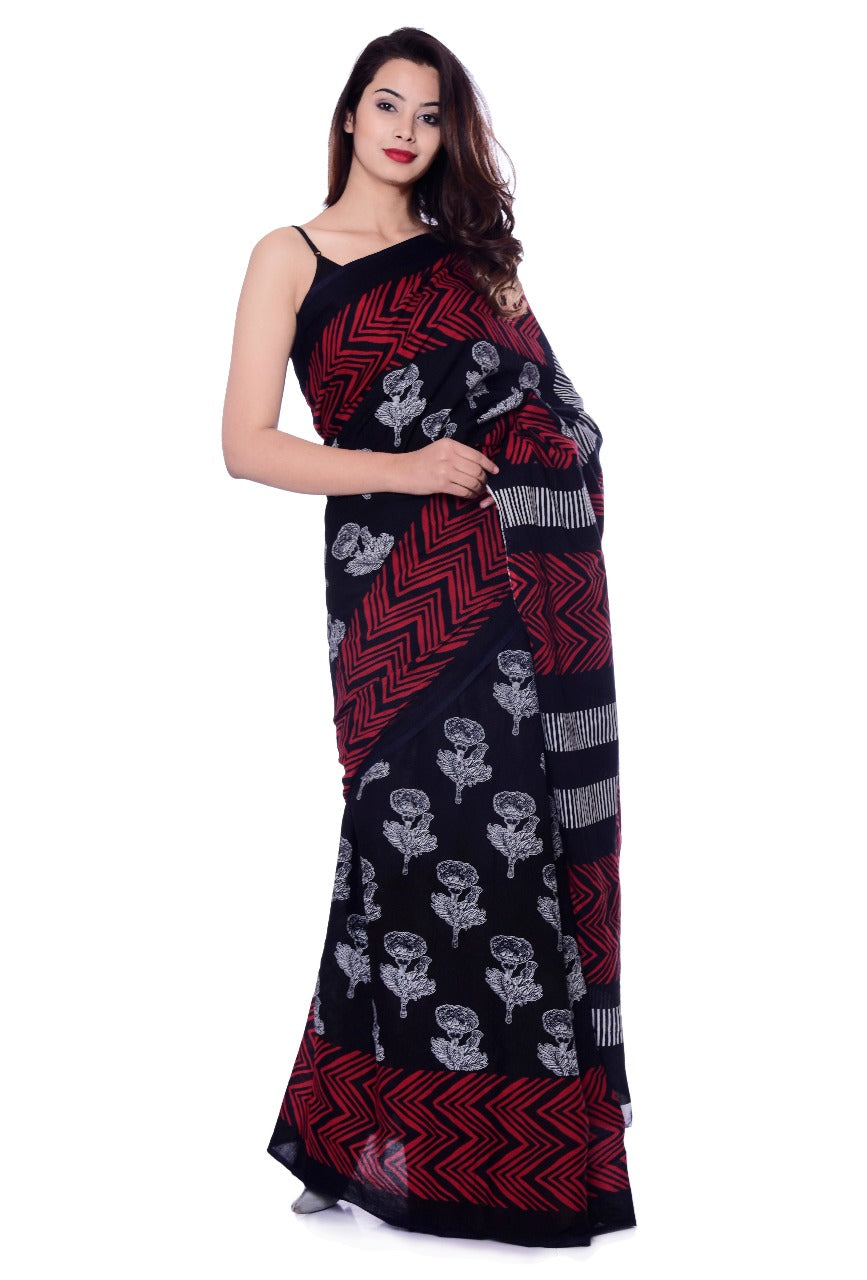 Maroon Black Mulmul Batik Sarees - Dailybuyys