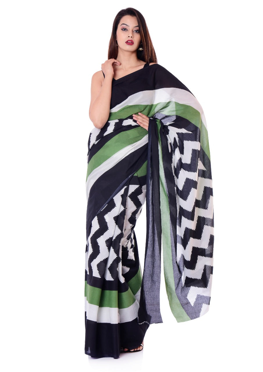 Black Green Mulmul Batik Sarees - Dailybuyys