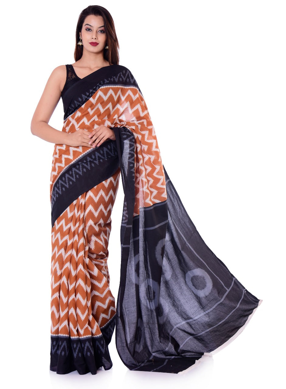 Orange Black Mulmul Batik Sarees - Dailybuyys