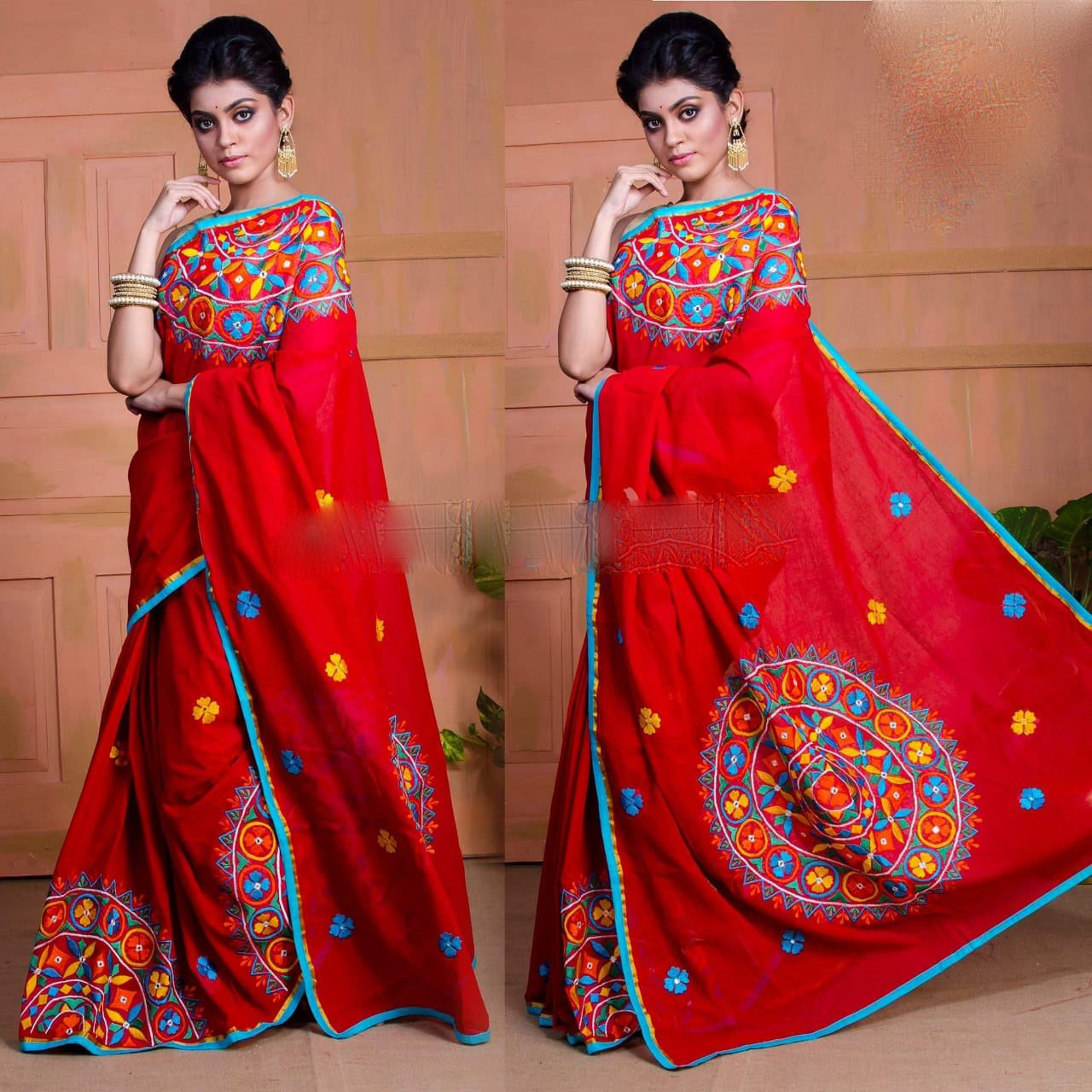 Red Kachi Work Pure Cotton Silk Sarees - Dailybuyys