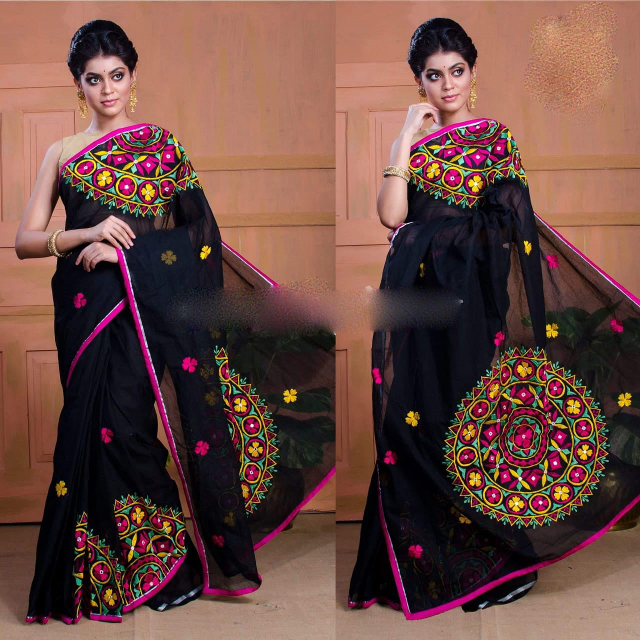 Black Kachi Work Pure Cotton Silk Sarees - Dailybuyys