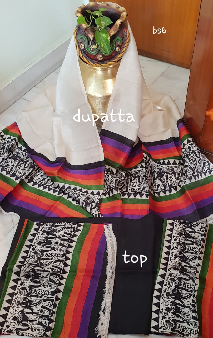 Beige Block Printed Design Pure Silk Top & Dupatta - Dailybuyys